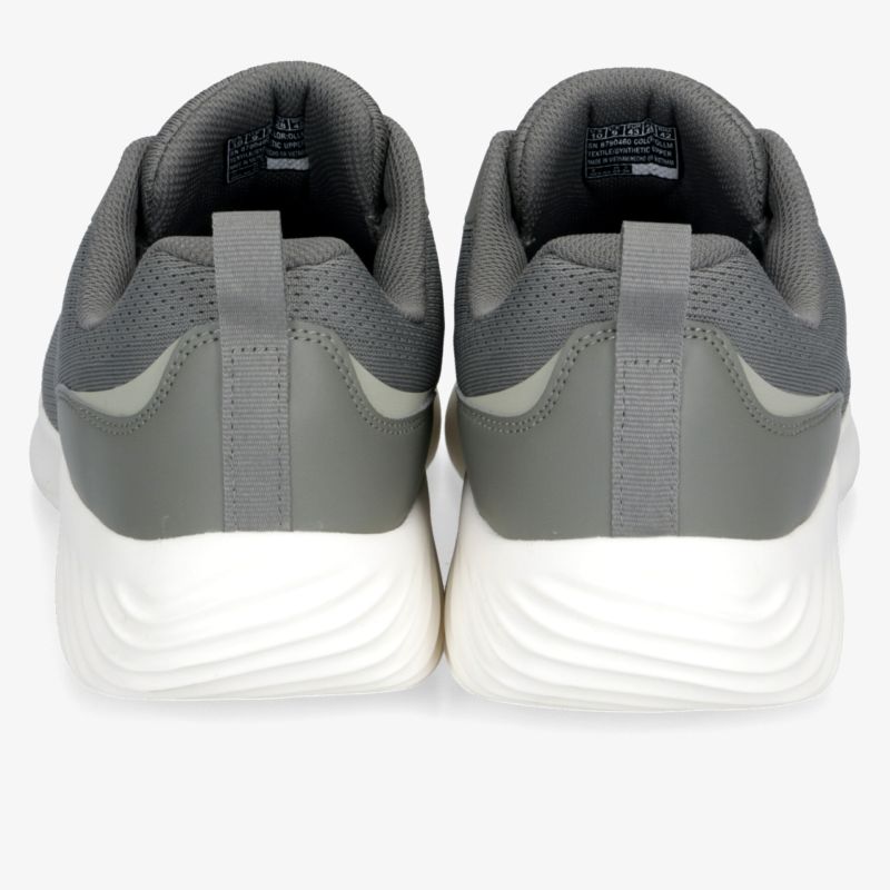 Graues Sneaker-Paar mit gepolstertem Schaft, strukturierter Oberfläche und komfortabler weißer Laufsohle von hinten