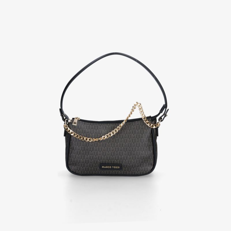 Kleine schwarze Handtasche mit strukturierter Oberfläche und goldener Kette als modisches und elegantes Accessoire