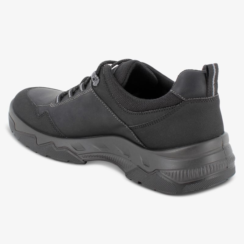 Schwarzer robuster Schuh aus Leder mit sportlicher, griffiger Sohle, seitliche Ansicht