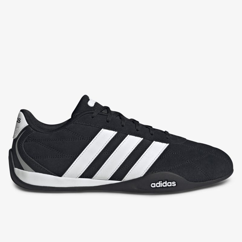 Leichter schwarzer Sneaker mit weißen Streifen, komfortabel und atmungsaktiv, seitliche Ansicht
