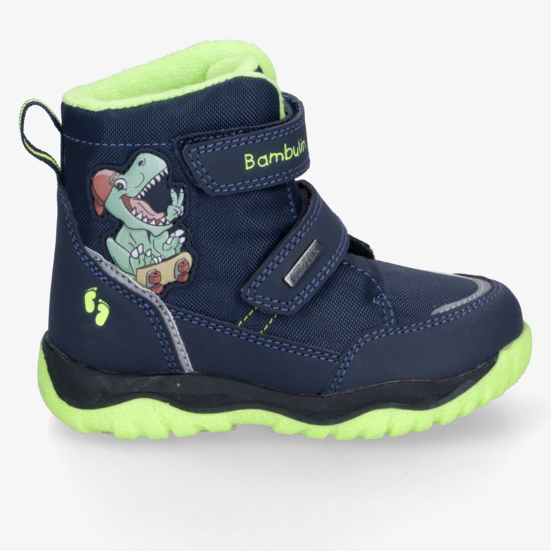 Warmer robuster Winter-Kinderschuh mit rutschfester Sohle und praktischem Klettverschluss, bequeme Passform und Dino-Motiv
