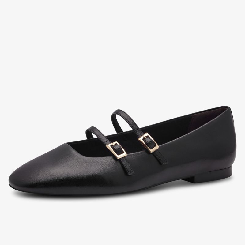 Eleganter schwarzer flacher Schuh mit zwei verstellbaren Riemen und glänzendem Obermaterial