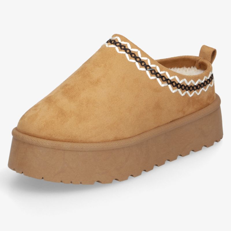 Bequemer Slipper in Camel mit dicker Sohle und dekorativem Rand, ideal für gemütlichen Alltag