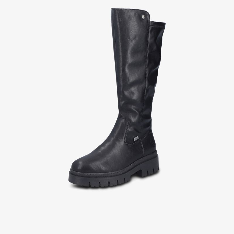 Schwarzer hoher Stiefel mit robustem Profil und bequemer dicken Sohle, modernes elegantes Design