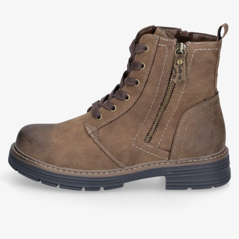 Brauner halbhoher robust gearbeiteter Schuh mit Schnürung und Reißverschluss an der Seite, profilierte Sohle