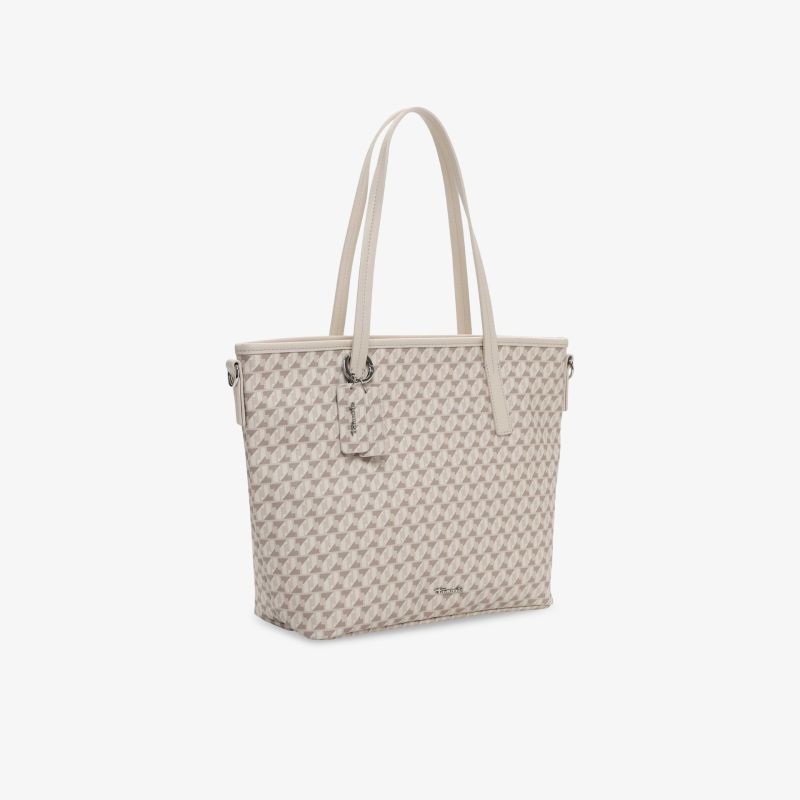 Elegante cremeweiße Handtasche in schräger Vorderansicht mit langen Tragegriffen und großer Kapazität