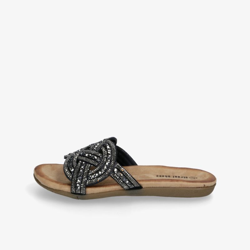 Schwarze Sandale mit funkelndem Perlenbesatz, flache bequeme Sohle und offenem Design für sommerlichen Komfort