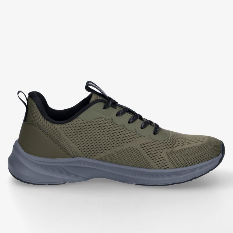 Leichter Sportschuh mit atmungsaktivem Obermaterial und stoßdämpfender Sohle in modischem Olivgrün, seitliche Ansicht