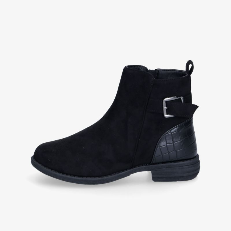 Schwarze Stiefelette mit verstellbarer Schnalle und rutschfester Sohle, seitliche Aufnahme, eleganter und bequemer Schuh