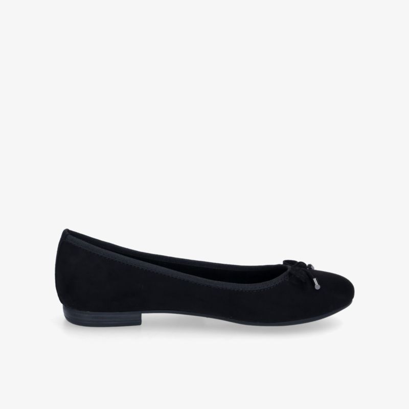 Elegante schwarze Ballerinas mit Schleifendetail, ideal für jeden Anlass, mit flacher Sohle für bequemen Tragekomfort.