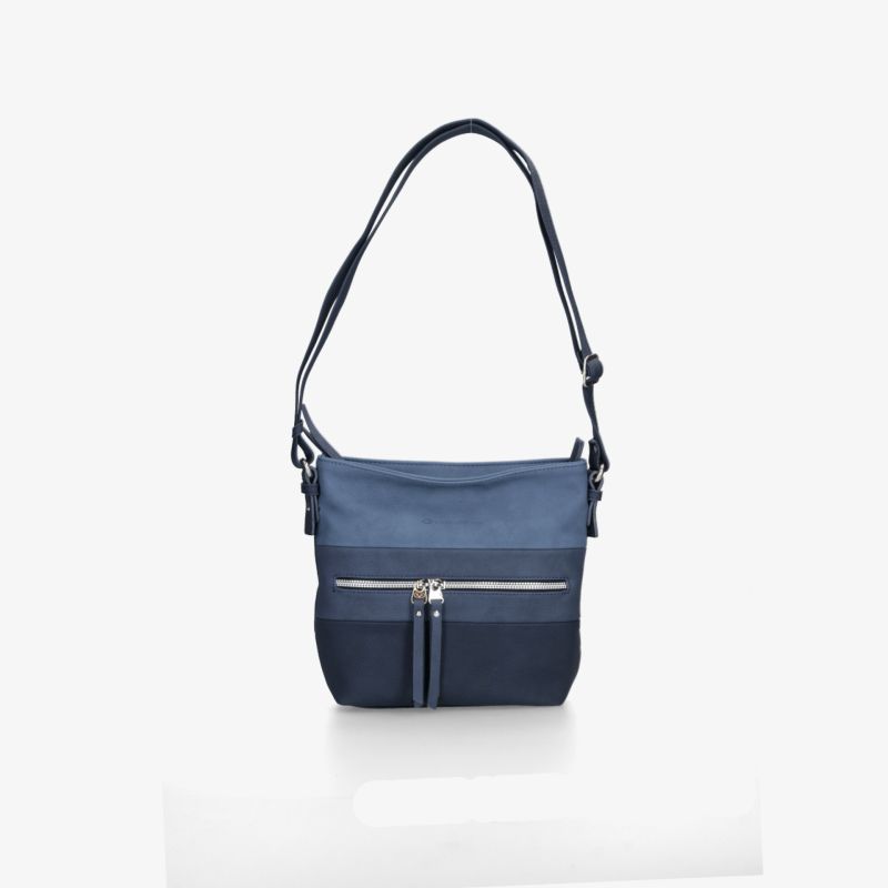 Moderne blaue Schultertasche mit Reißverschluss, verstellbarem Riemen und mehreren Fächern für praktischen Alltag