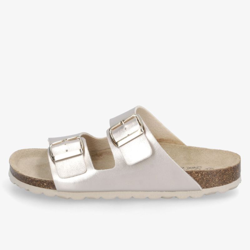 Seitliche Ansicht einer Sandale mit zwei verstellbaren Schnallen und ergonomischer, weicher Sohle