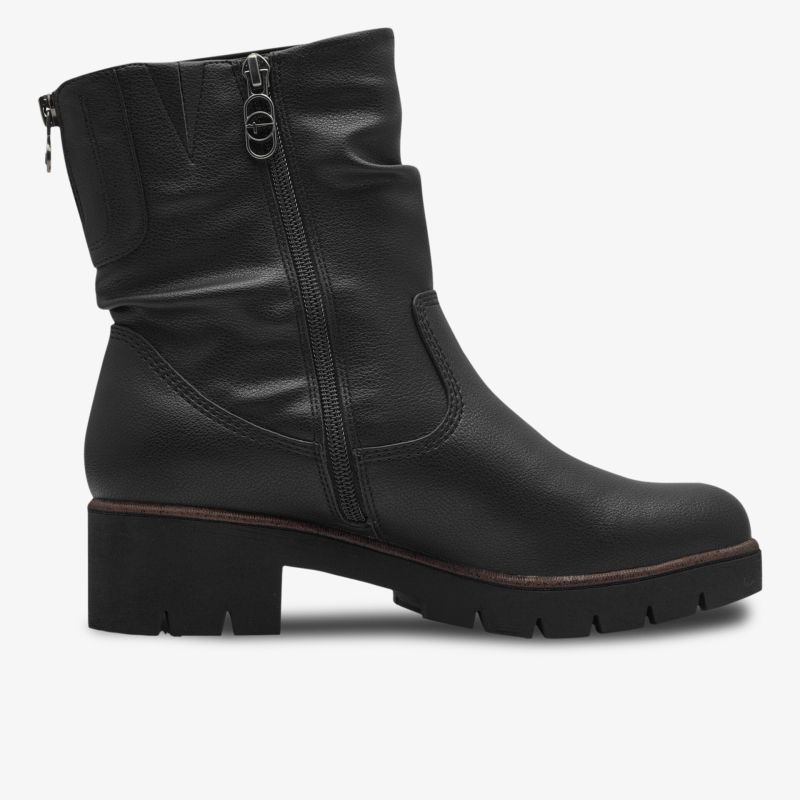 Schwarzer Stiefel mit robustem Blockabsatz und praktischem Reißverschluss seitlich, komfortabler Schuh
