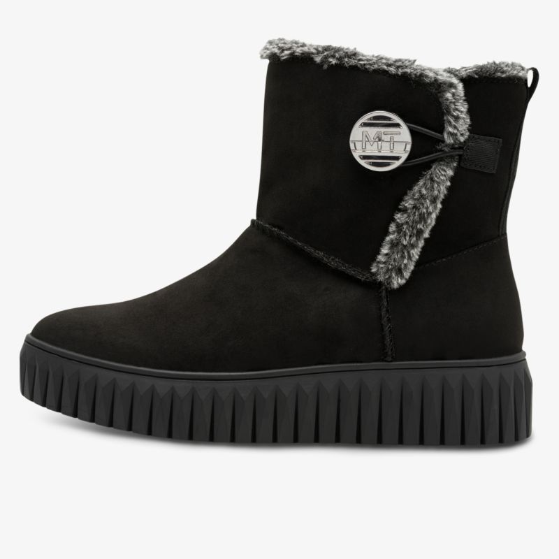 Schwarzer Winterstiefel mit Teddyfellbesatz, weichem Obermaterial und rutschfester Profilsohle, seitliche Ansicht