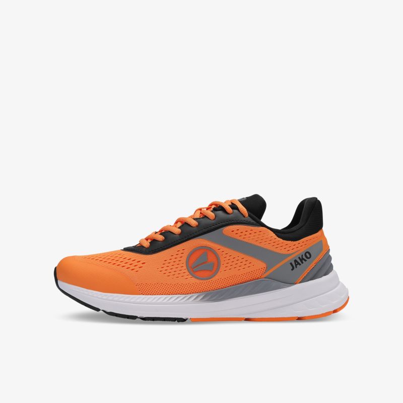 Leichter, atmungsaktiver orangefarbener Laufschuh seitlich mit stützender, dämpfender Sohle und schnürbarem Design