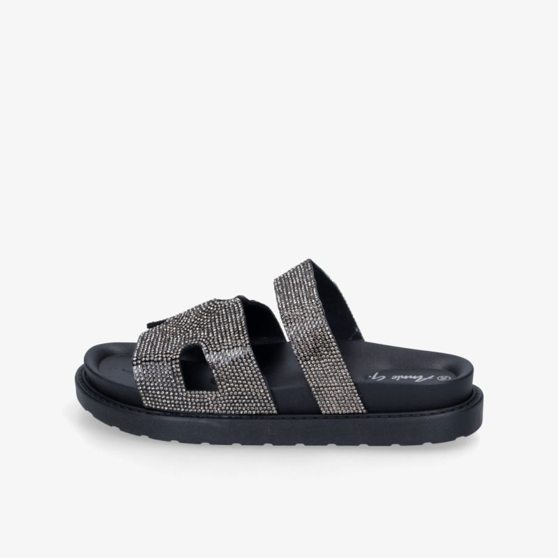 Schwarze modische Slide-Sandale mit weicher Polsterung und funkelnden Strasssteinen, rutschfeste Sohle, komfortabler Sitz