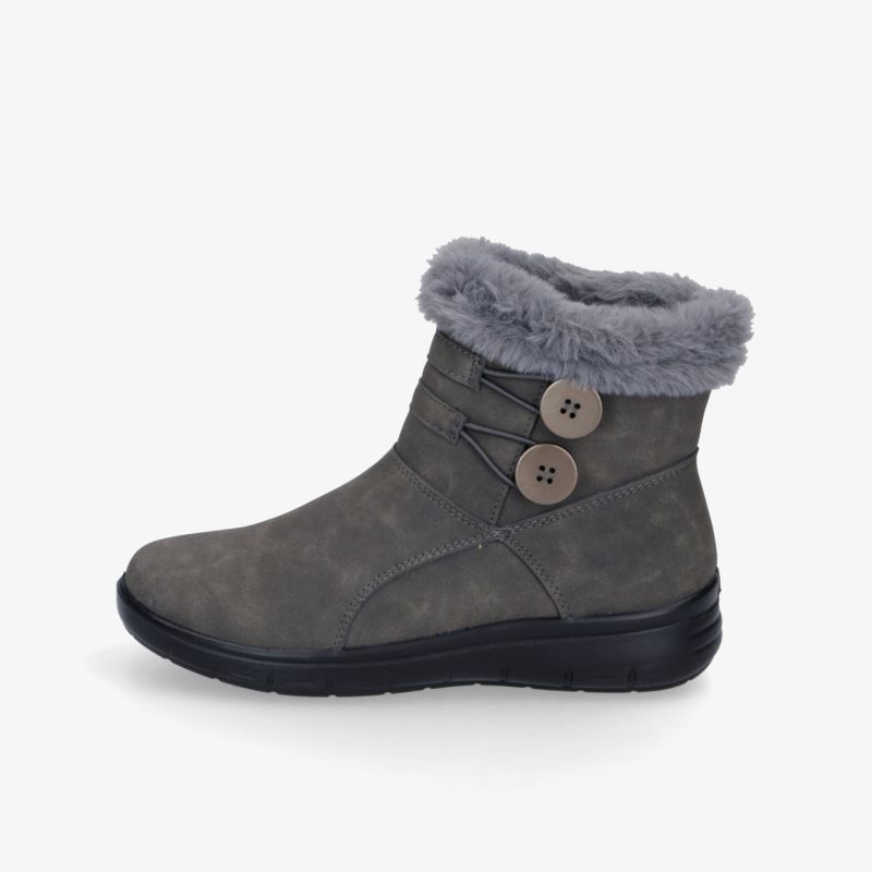 Grauer Winterstiefel mit warmem Fellkragen, dekorativen Knöpfen und bequemer, rutschfester Gummisohle seitlich zu sehen
