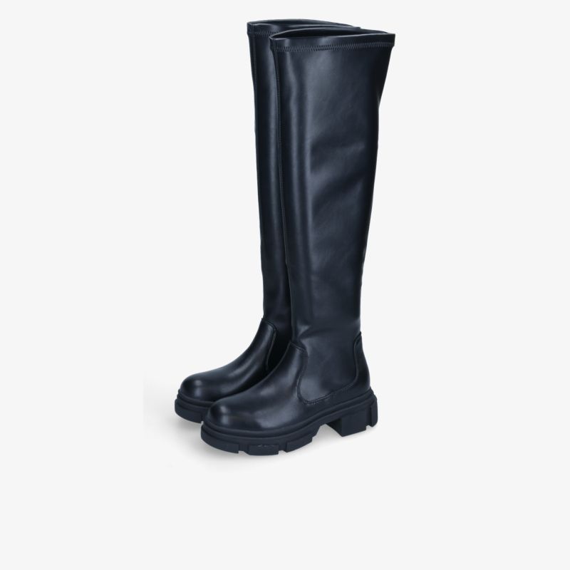 Schwarze hoch geschnittene Stiefel mit robuster, rutschfester Sohle und glattem Obermaterial für optimalen Komfort