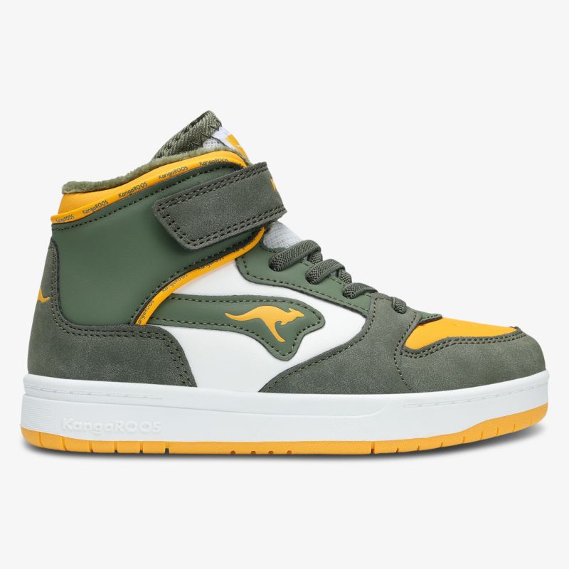 Hoher Sneaker mit Klettverschluss, gepolstertem Kragen und kontrastreichen grauen, gelben und weißen Elementen