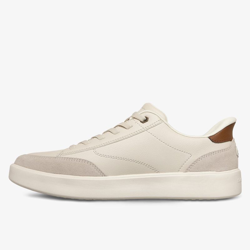 Moderner beiger Sneaker aus Leder mit rutschfester Sohle, ideal für täglichen Komfort und sportlichen Stil.