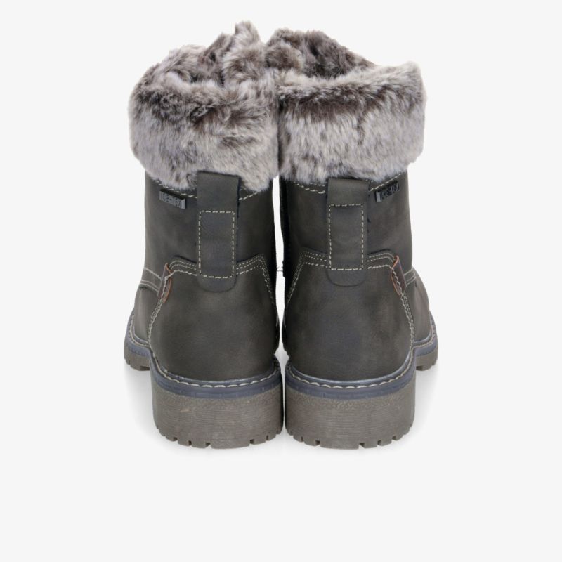 Robuste graue Winterschuhe mit warmem, flauschigem Lammfellfutter und rutschfester Sohle, Rückansicht