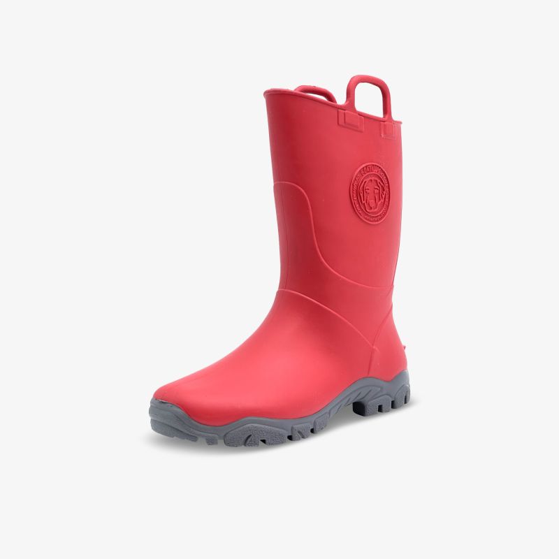 Langlebige rote Gummistiefel mit grauer Sohle, ideal für nasses Wetter und Outdoor-Aktivitäten