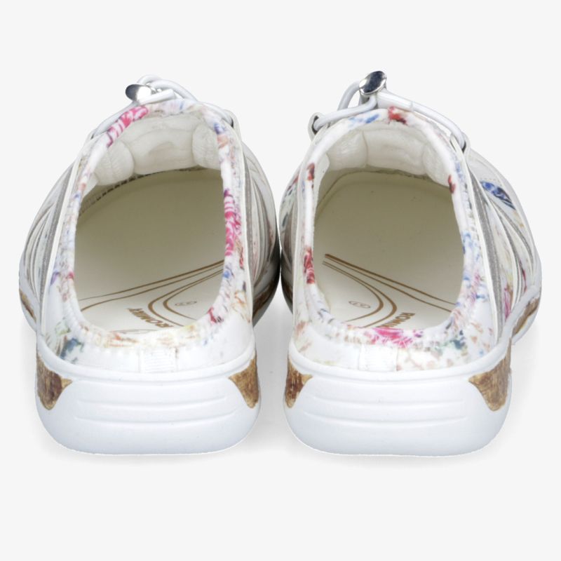 Weiß gemusterte Schuhe mit floralem Design, gepolstertem Schaftrand und bequemer Innensohle, Rückansicht erkennbar