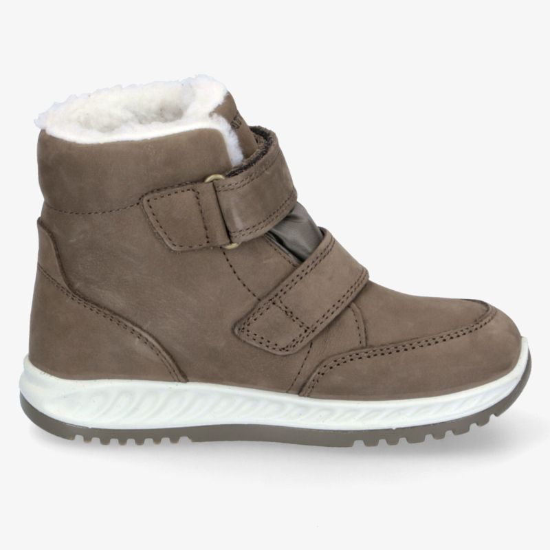 Bequemer taupefarbener Winterstiefel mit Klettverschluss und warmem Futter für rutschfesten Komfort.