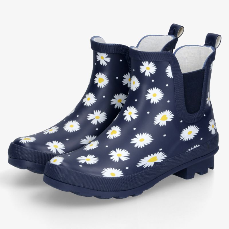 Bequeme, robuste dunkelblaue Gummistiefel mit weiß-gelben Blumen, rutschfeste Sohlen und praktische Schlaufen