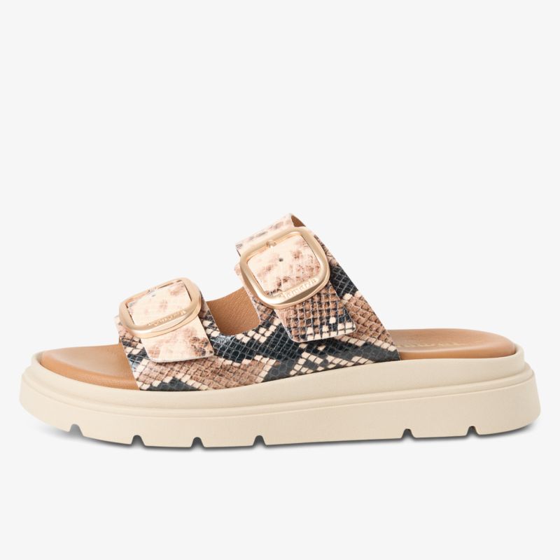 Modische Sandalen mit Doppelriemen und Schnallen in Schlangenleder-Optik auf bequemer, rutschfester Sohle.