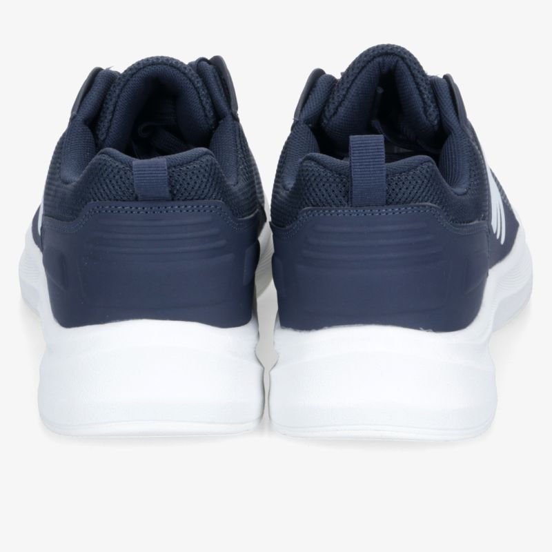 Dunkelblaue Sportschuhe mit weißer rutschfester Sohle, komfortabel und leicht, Rückansicht