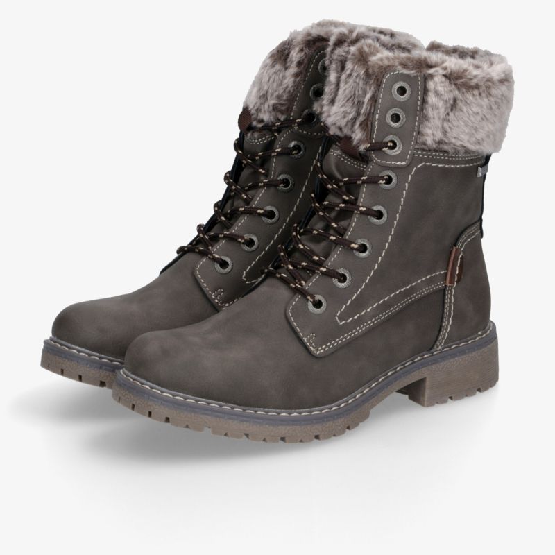 Robuste graue Winterstiefel mit warmem Fellfutter, rutschfester Sohle und stabiler Schnürung für kalte Tage