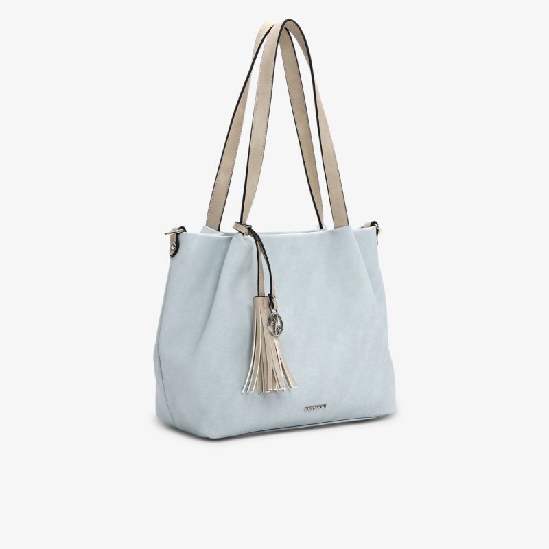 Elegante Tasche mit zweifarbigen Trägern und Fransenanhänger in Lederoptik.