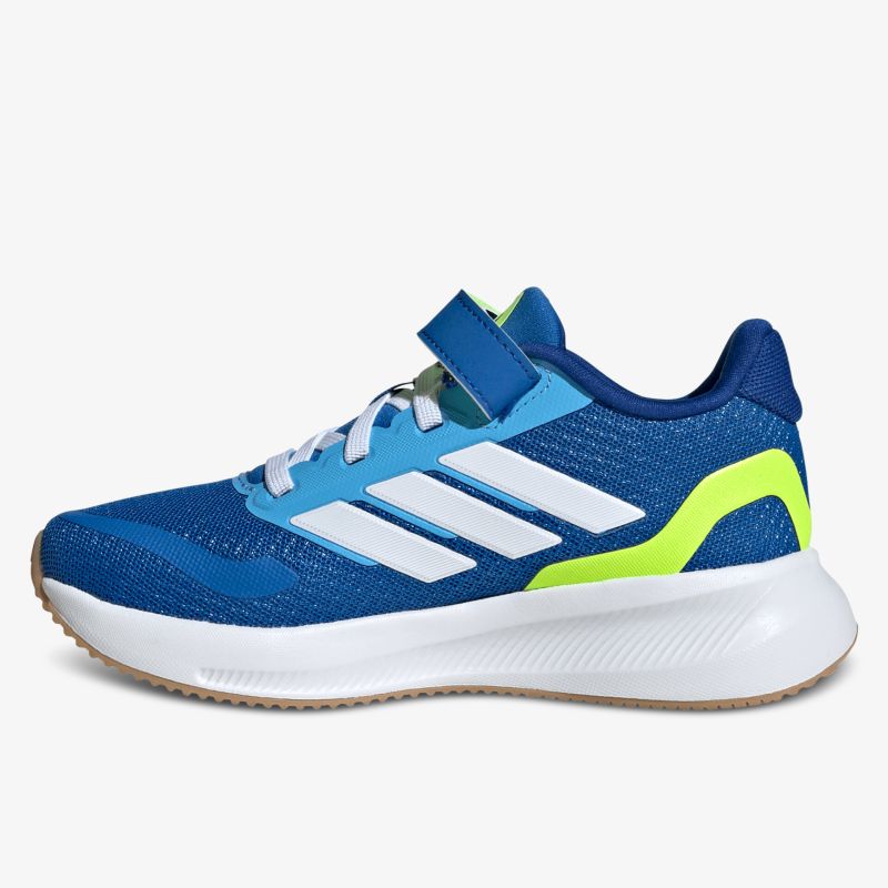 Seitlich sichtbarer blauer Sportschuh mit weißem Streifendesign und heller, rutschfester Sohle