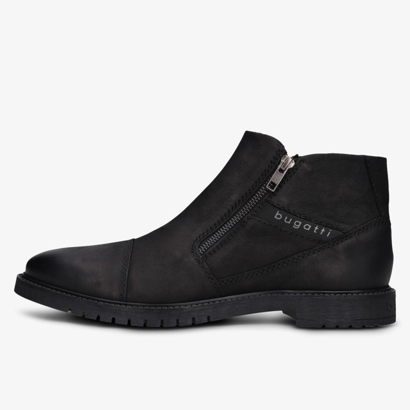 Eleganter schwarzer Stiefel mit bequemem Reißverschluss und robuster, rutschfester Sohle in klarer Seitenansicht