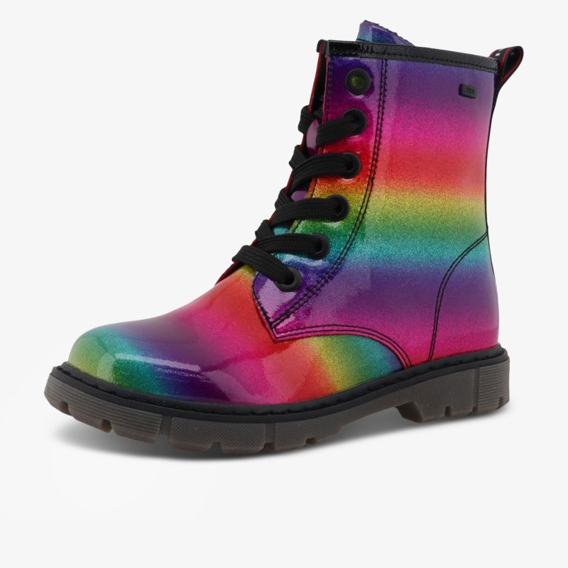 Farbenfroher robuster Schnürstiefel mit glänzendem Material und profilierter Sohle für sicheren Halt
