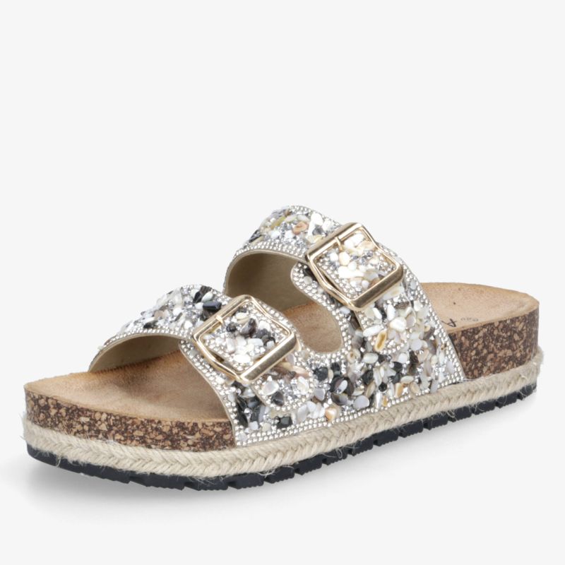Offene Sandale mit glitzernden Bügeln und verstellbaren Schnallen auf komfortabler Korksohle