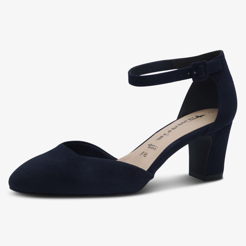 Dunkelblauer Absatzschuh mit Riemchen und mittelhohem Blockabsatz, eleganter Modestil