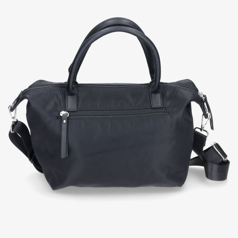 Elegante schwarze Handtasche mit verstellbarem Schulterriemen und robusten Reißverschlüssen für vielseitige Nutzung.