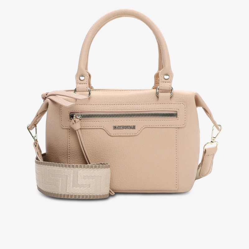Beige Lederhandtasche mit zwei Griffen und abnehmbarem Schultergurt, kompakt und stilvoll