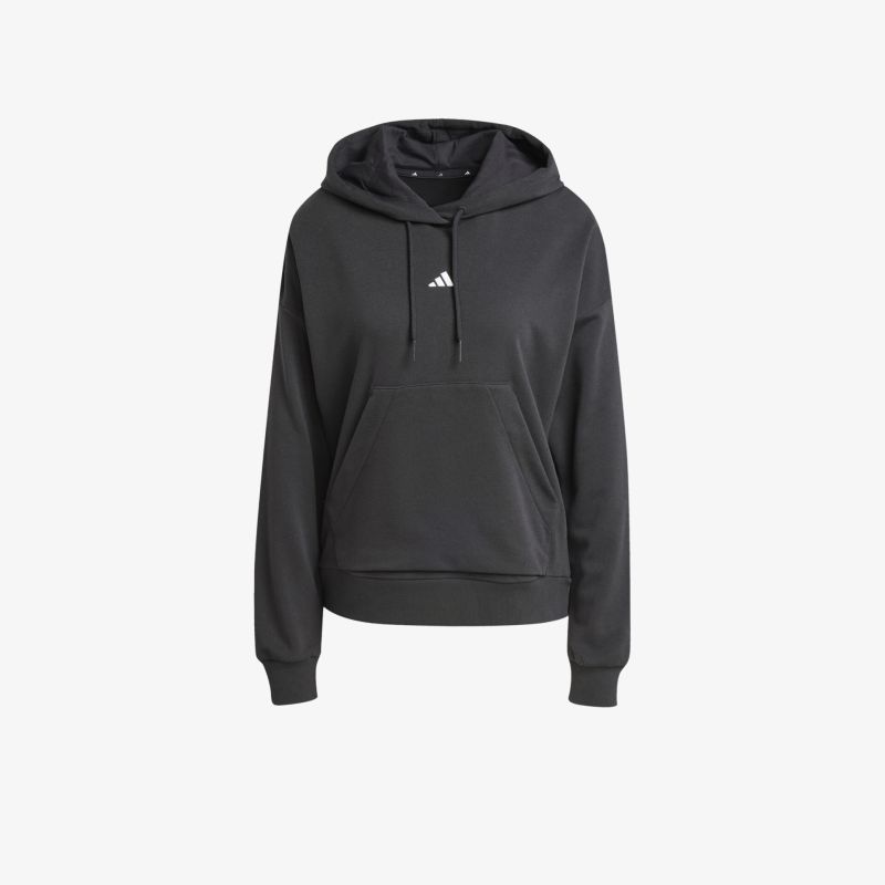 Schwarzer Kapuzenpullover mit Kängurutasche, bequemer Passform und weichem Material in Frontansicht