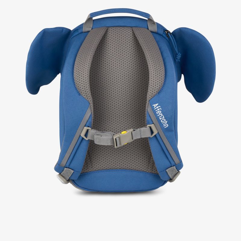 Blauer Rucksack in Elefantenform mit gepolsterten Gurten und kindgerechtem Design.