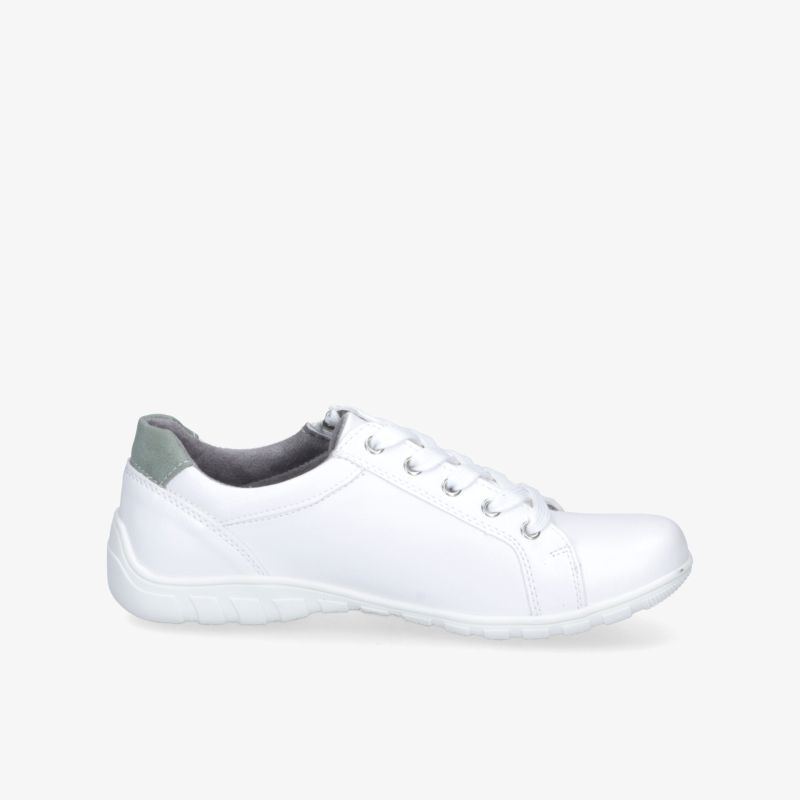 Seitliche Ansicht eines weißen Sneakers mit flexiblem, leichtem Design und bequemer Passform