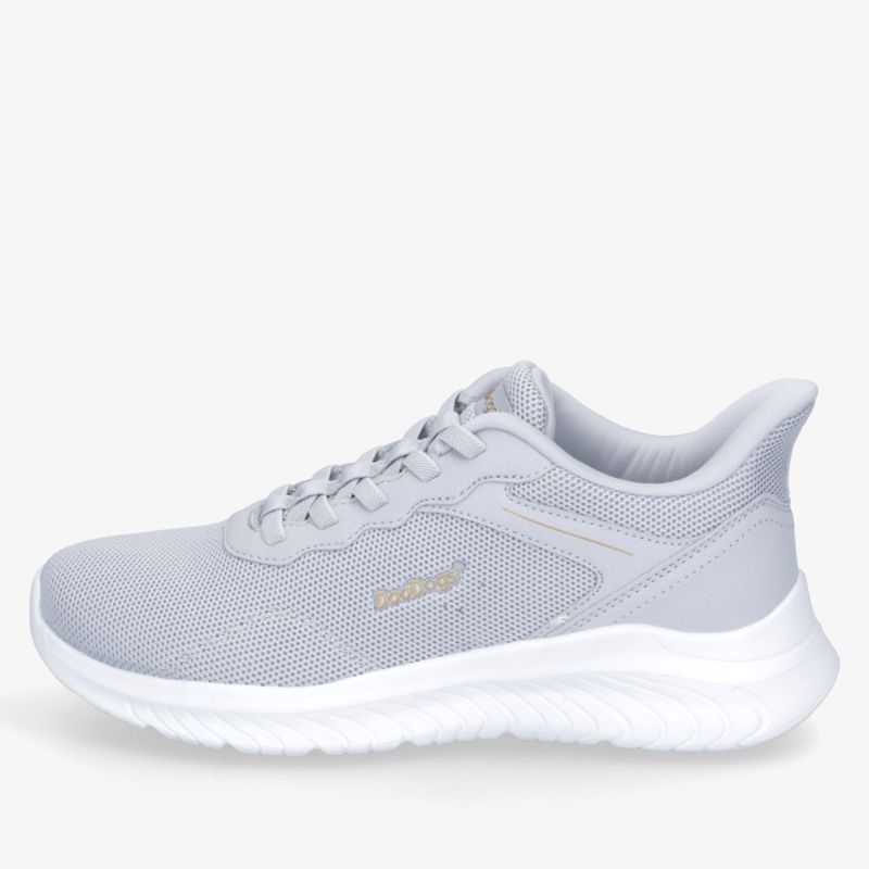 Leichter atmungsaktiver Sportschuh in grauer Farbe mit komfortabler Passform und rutschfester Sohle, seitliche Ansicht