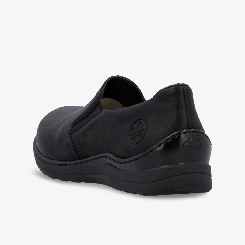 Schwarzer komfortabler Schuh mit ergonomischem Design und rutschfester Sohle, seitliche Ansicht