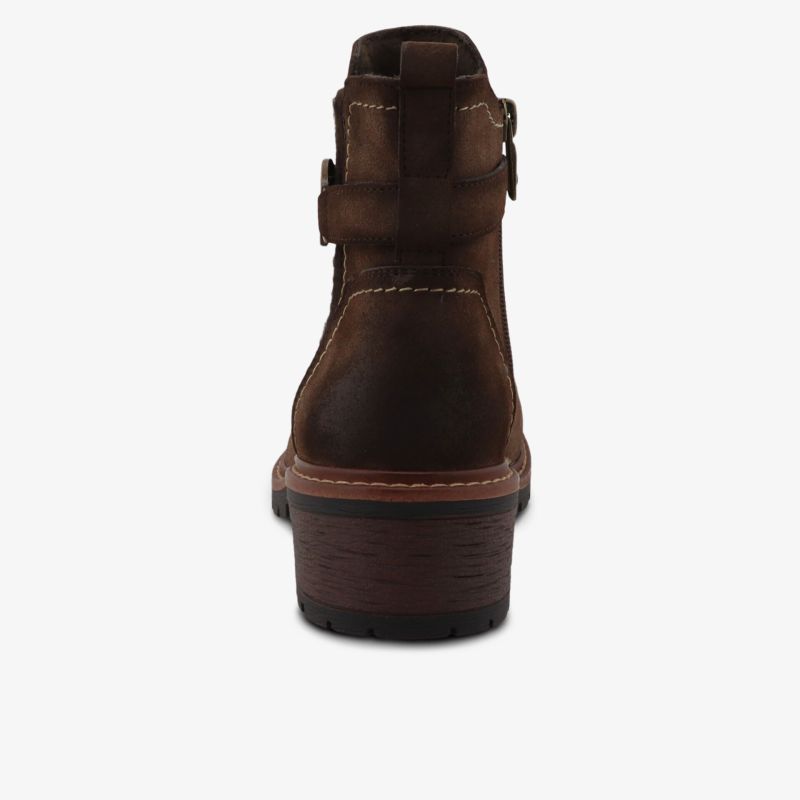 Robuster brauner Lederstiefel mit stabilem Absatz und langlebiger Naht, Rückansicht