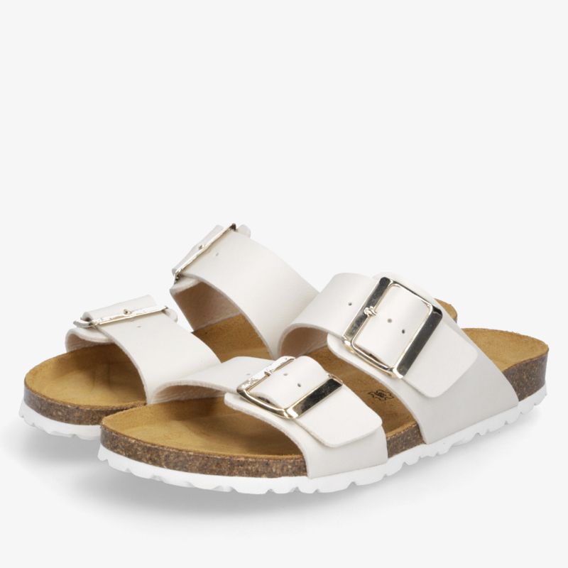 Weiße Sandalen mit zwei verstellbaren Schnallen für optimalen Halt und bequemes ergonomisches Fußbett
