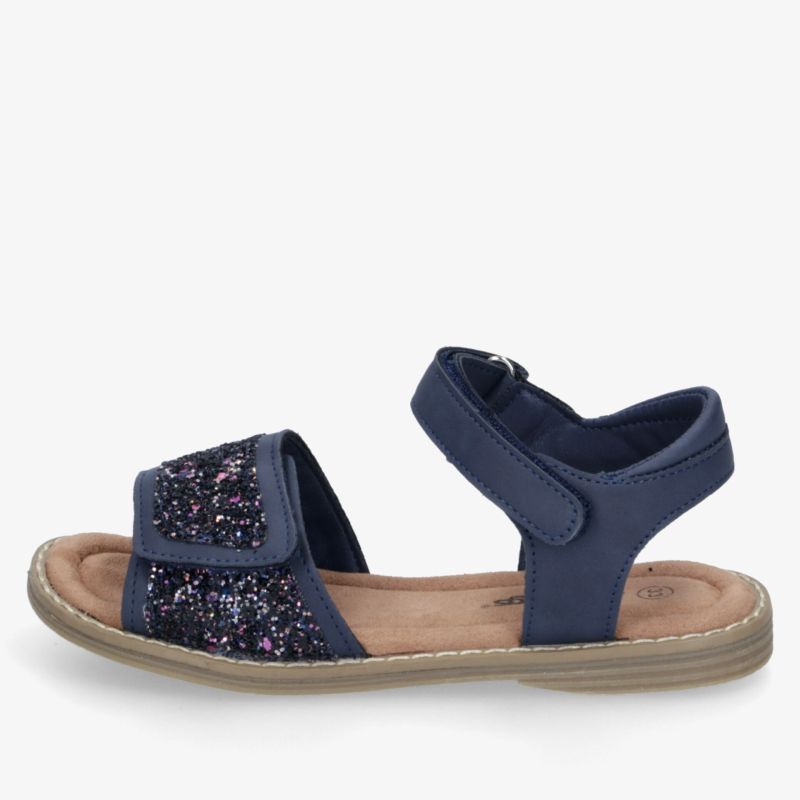 Bequeme blaue Sandale mit glitzernder Verzierung und verstellbarem Klettverschluss, seitliche Ansicht