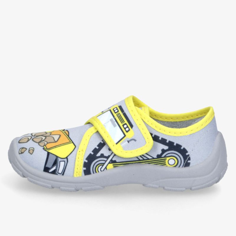 Leichter grauer Hausschuh mit gelben Akzenten und Bagger-Motiv, ausgestattet mit praktischem Klettverschluss für sicheren Halt