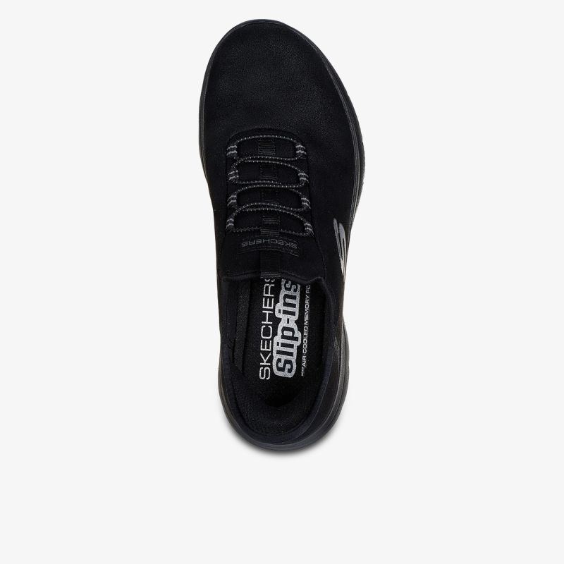 Schwarzer leichter Schuh mit atmungsaktivem Material und bequemer Schnürung von oben sichtbar